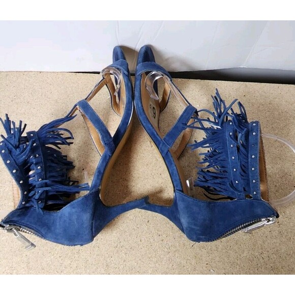 Report Elle Stiletto Heels Blue Suede Size 6.5 Fringe Strappy 4” Heel - Picture 5 of 10